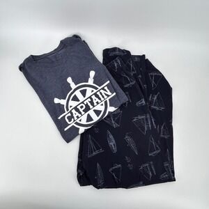 Merona Mens Captain Nautical Pajama Set Grey Navy Sailboat Print Large L